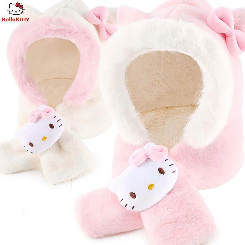 

Детские шапки и шарфы Sanrio Hellokitty, цельный зимний бархатный теплый пуловер для защиты ушей, детский шарф принцессы с капюшоном