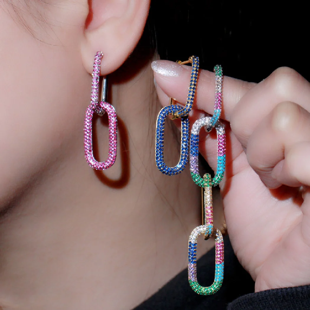 

Женские серьги-кольца с фианитами, длинные медные серьги с геометрическим узором, прямоугольной формы, аксессуар для свадьбы