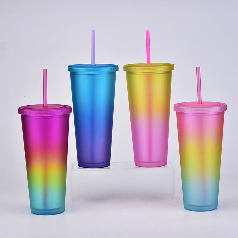 

Rainbow Color Straw Cup Ins Style Double-Layer Plastic Summer Cold 700ML Straw Cup Portable Frosted Cup Outdoor Sports Water Mug