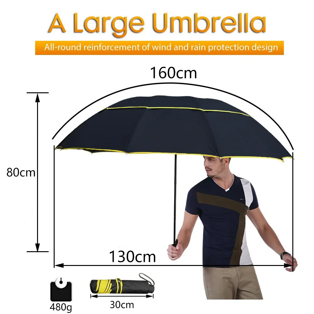 Big Umbrella Men Rain Woman Windproof 130cm Large Paraguas Male Women Sun 3 Floding Big Umbrella Outdoor Parapluie