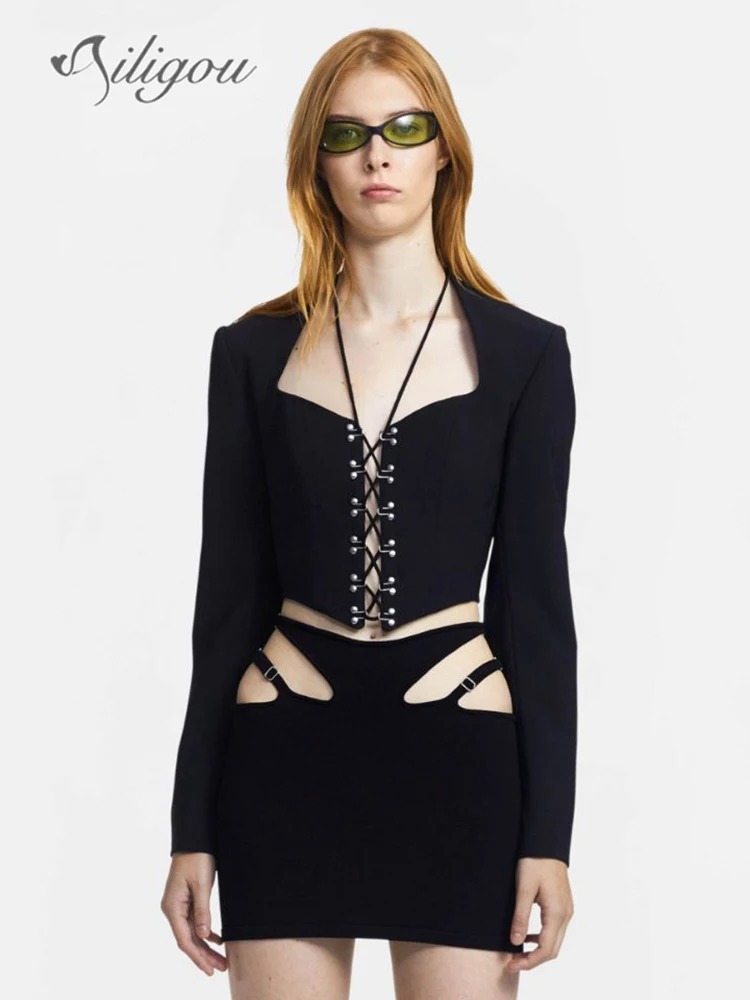 

Ailigou Black Hollow Lace Sexy Tight Two Piece Ladies Long Sleeve Short Top High Waist Skirt Women's Clothing 2022 Summer New