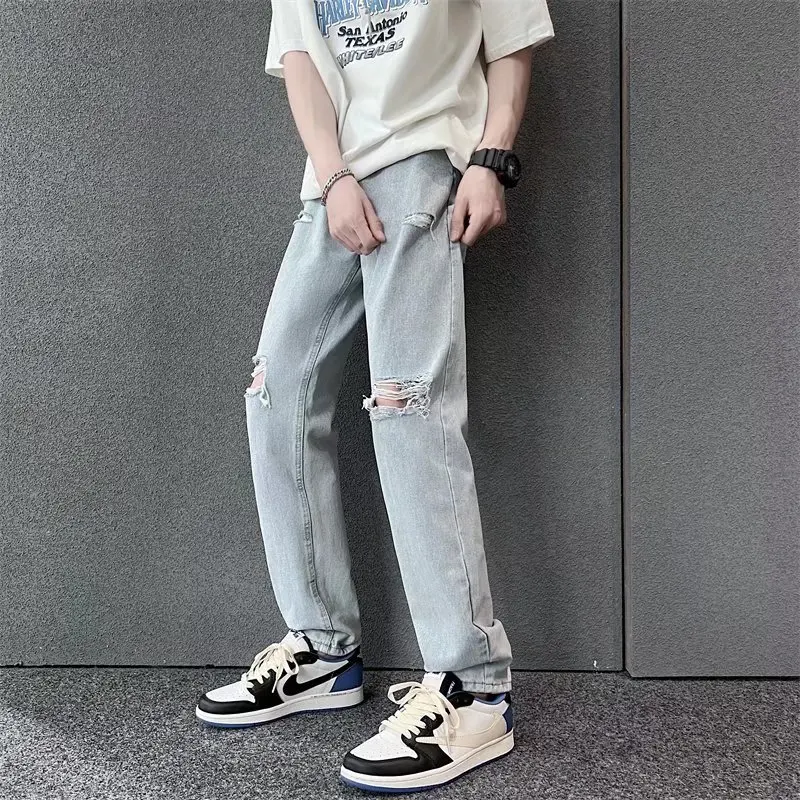 Vintage Streetwear Korean Fashion Ripped Baggy Pants Blue Hip Hop Wide Leg Jeans for Men Denim Trousers