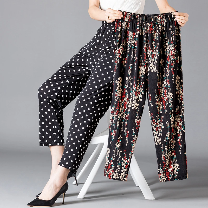 Xl-8Xl Summer Harem Pants Casual High Waist Pants Printed Elastic Waist Middle Aged Women Trousers Summer Bottoms