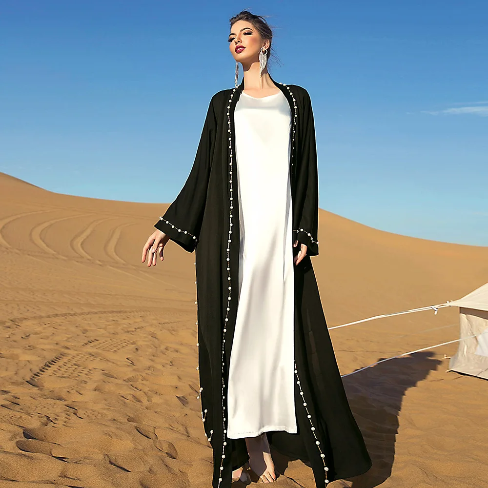 

Muslim Fashion Black Vintage Beaded Long Outer Belt Eid Ramadan Abayas Dubai Ladies Dress Islamic Clothing Women Arabian Dresses