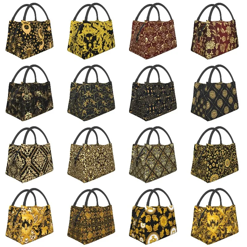 

Изысканная бесшовная изолированная сумка для обеда с золотым цветочным узором для портативного европейского барокко-охладителя термальный ланч-тоут для пикника путешествий