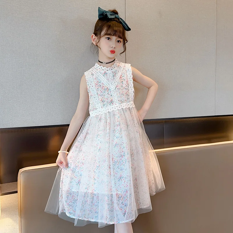 

2023 New Girls' Dress Summer Thin Tank Top Dress Fragmented Flower Lace Mesh Princess Dress Beach Dress