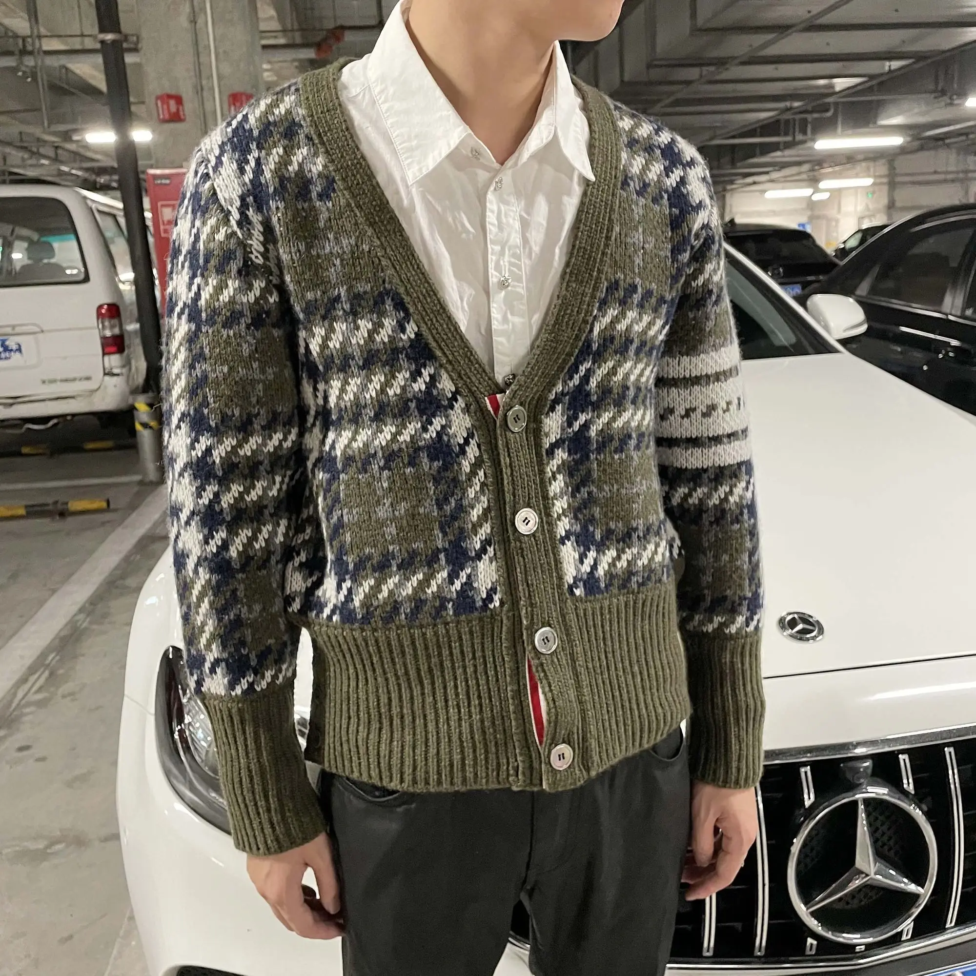 

Autumn Woman Green Plaid Patchwork Sleeve Striped Women Sweater Ladies Outwear Gentle Leisure Trendy TB Men Cardigan