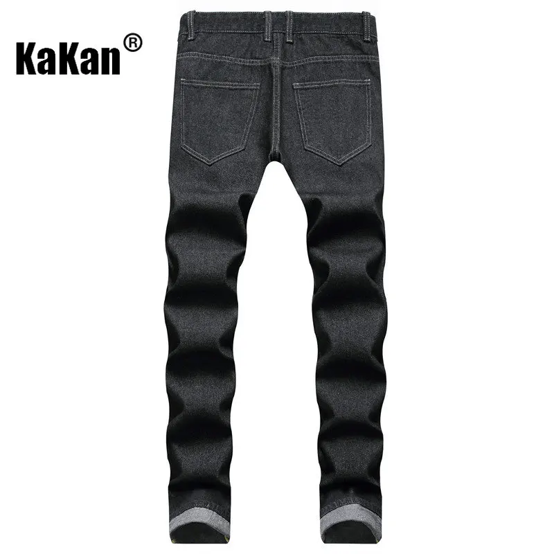 Kakan - New European and American Distressed Jeans for Men, Black and Yellow Khaki Hot Selling Straight Leg Casual Long JeansK44