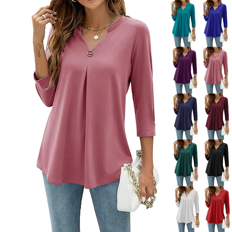 

2022 Fall/Winter Women's Clothing 3/4 Sleeve V Neck Studded Pleated T-Shirt Top Solid Color Loose Casual Pullover Fashion Shirts