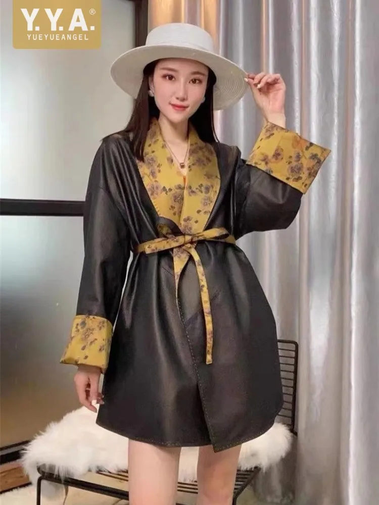 

Vintage Elegant Genuine Leather Jacket Women Reversible Print Luxury Outerwear Female Lapel Casual Fashion Belt Sheepskin Coat