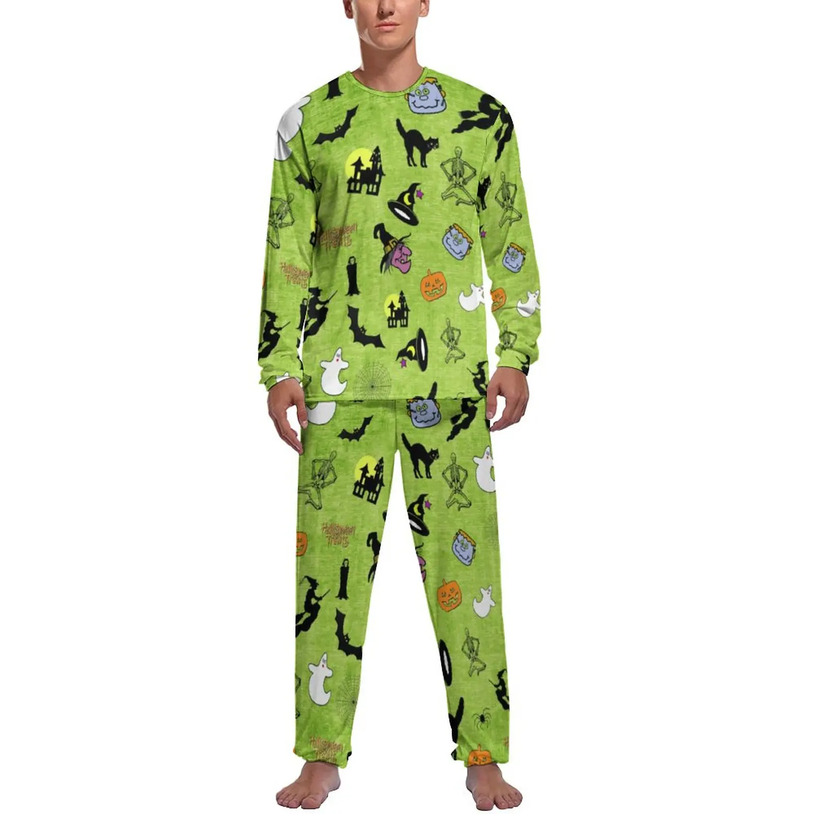 Witch Broom Pajamas Long Sleeves Halloween Holiday Two Piece Night Pajama Sets Winter Mens Design Kawaii Sleepwear