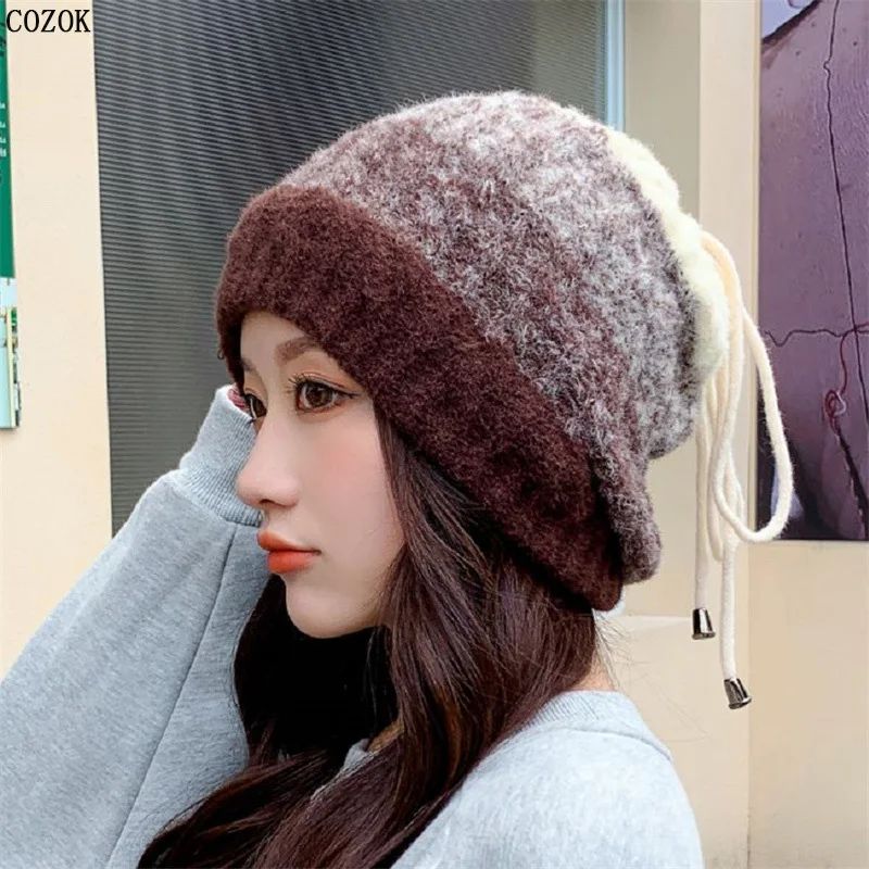 New Women Winter Gradient Fleece Collars Dual Purpose Ear Protector Hat Fashion Trend Wild Keep Warm Leisure Cap Gorro De Lana