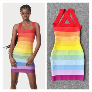 Top Quality New Rainbow Color Rayon Bandage Women Sexy Strap Bodycon Mini Dress Celebrate Birthday Party Outfit Vestido
