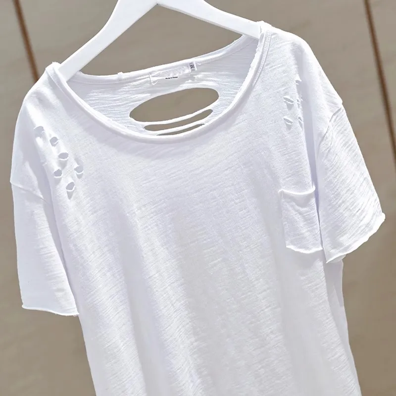 Рваная футболка с коротким рукавом женская Ins2024 весеннее свободная хлопковая