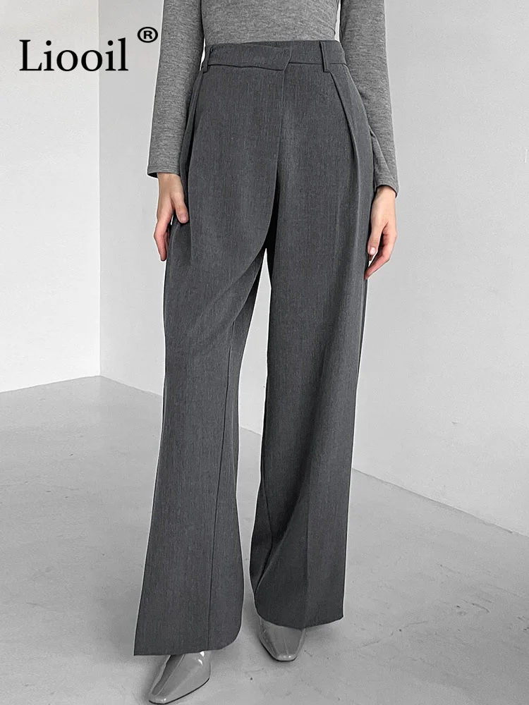 

Liooil Gray Straight Leg Suit Pants Lady Office Wear With Pockets Streetwear Asymmetrical Blazer Pants High Waist Women Slacks