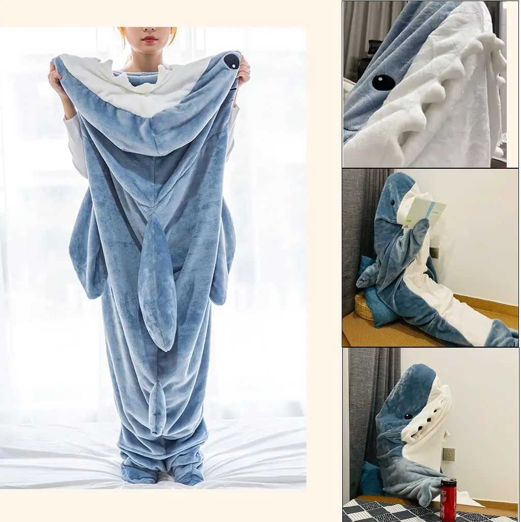 

1Pc Anime Cute Shark Sleeping Bag sand sculpture Hooded Shark Blanket One-piece pajamas Flannel shark loungewear