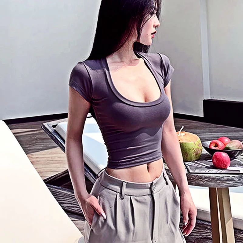 

2022 Summer Slim Women Tops Female Sexy Short Sleeve T-shirt U-neck Gray T-shirt Female Solid Color Basic Black/white T-shirt