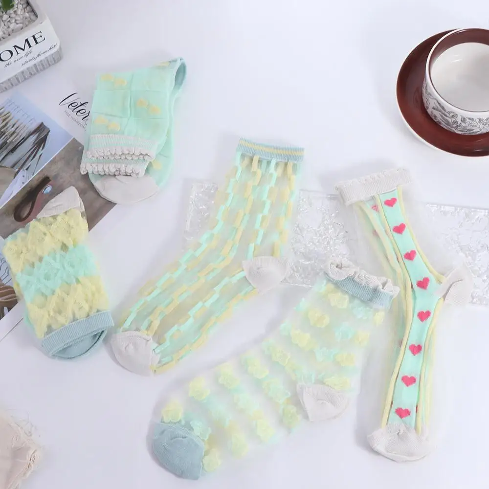 Сетчатые стеклянные шелковые кружевные прозрачные носки Cloud Love Heart Crystal Silk Stripe Mid