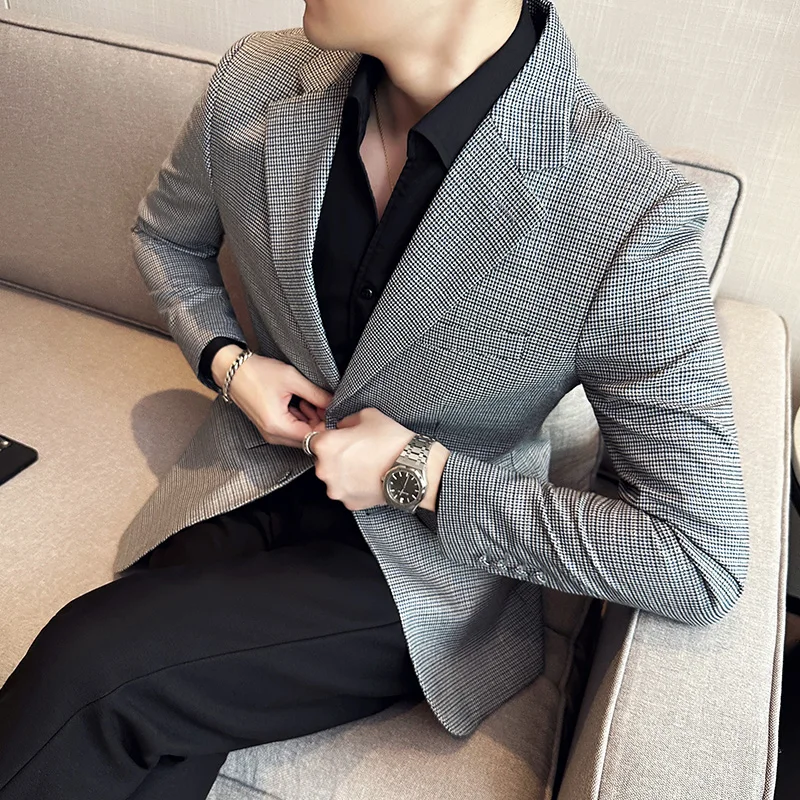 

High Quality Houndstooth Suit Jacket Men Slim Fit Casual Business Blazers Men Clothing Social Wedding Party Dress Coat 2023