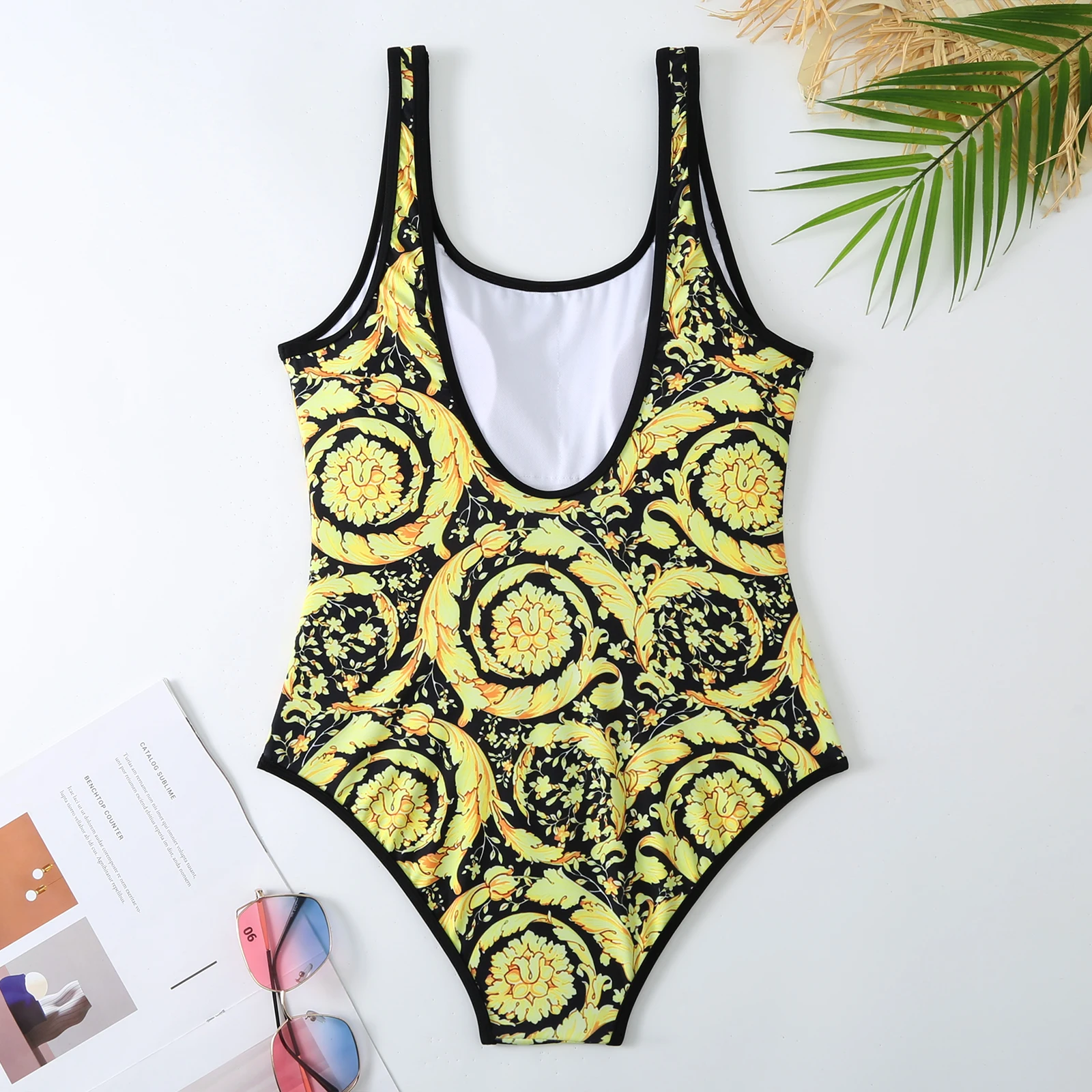 2023 Women Swimsuit With Cover up Summer Luxury Women Swimwear One-piece Sexy Bathing Suits Retro Golden Floral Print Beach Wear