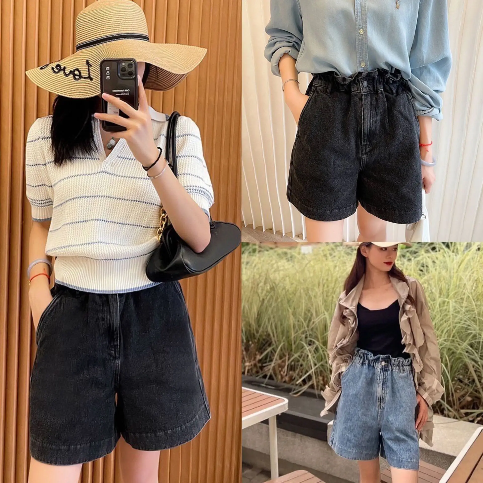 

Женские джинсовые шорты с эластичным поясом и карманами, однотонные Простые повседневные джинсы с широкими штанинами