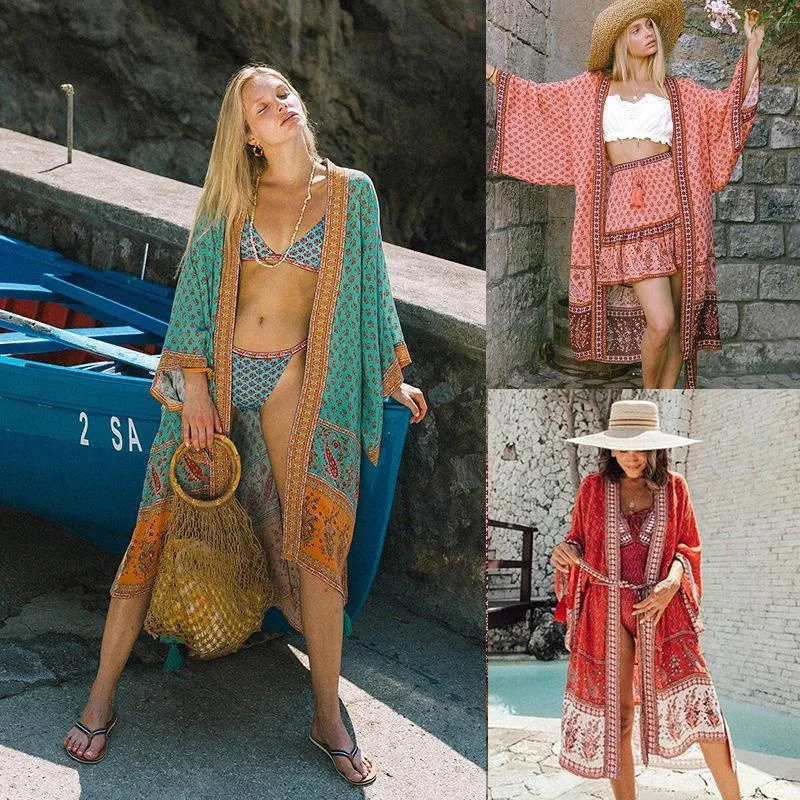 

Beach Kimono With Sashes 2022 Floral Printed Bohemian Vintage Slim Sexy Long Cardigan Women Big Sleeve Fringe Cotton Cover-Up