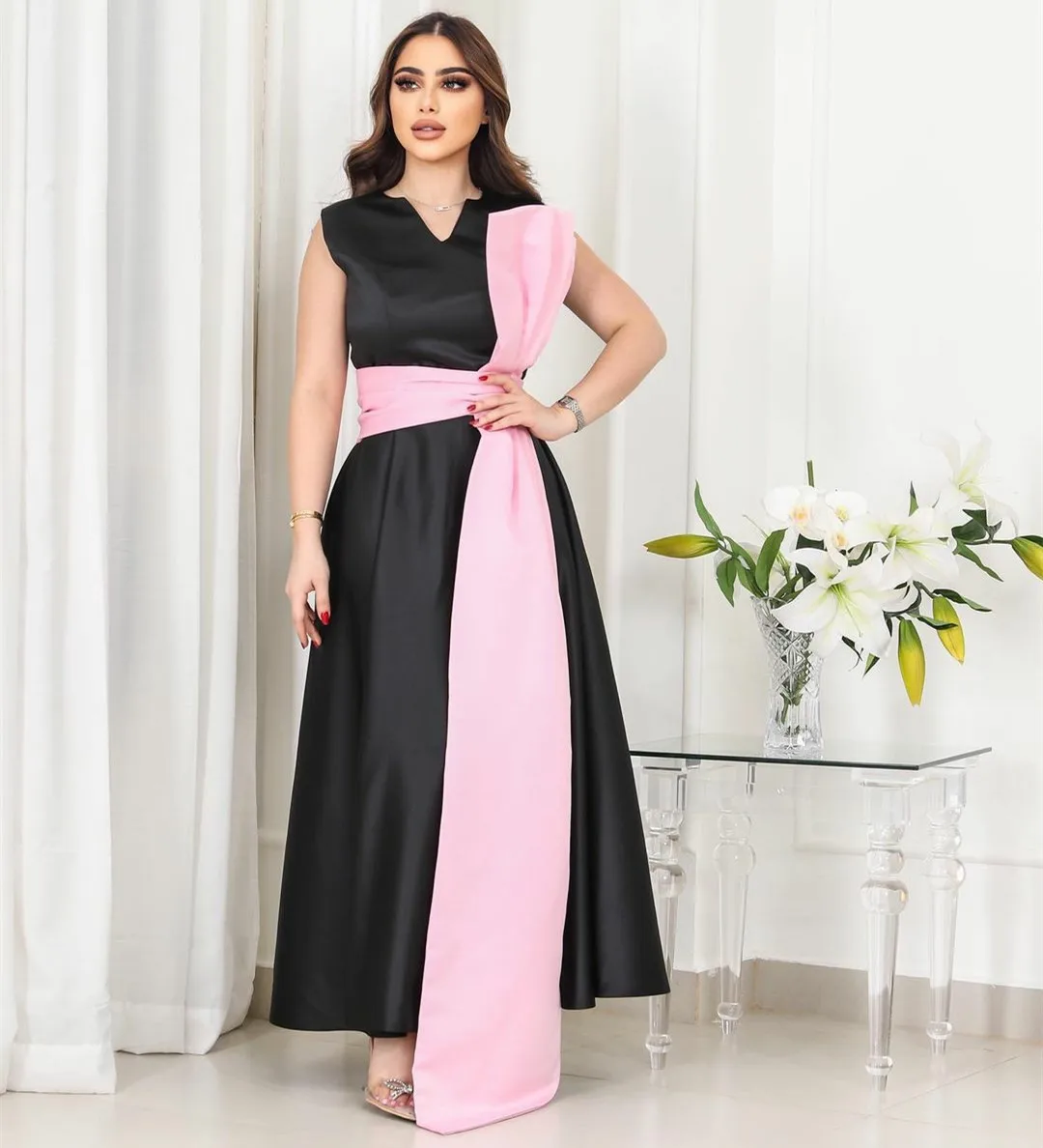 

Винтажные длинные плиссированные Вечерние платья с бантом, трапециевидные платья до щиколотки с V-образным вырезом, бальное платье для выпускного вечера, вечернее платье