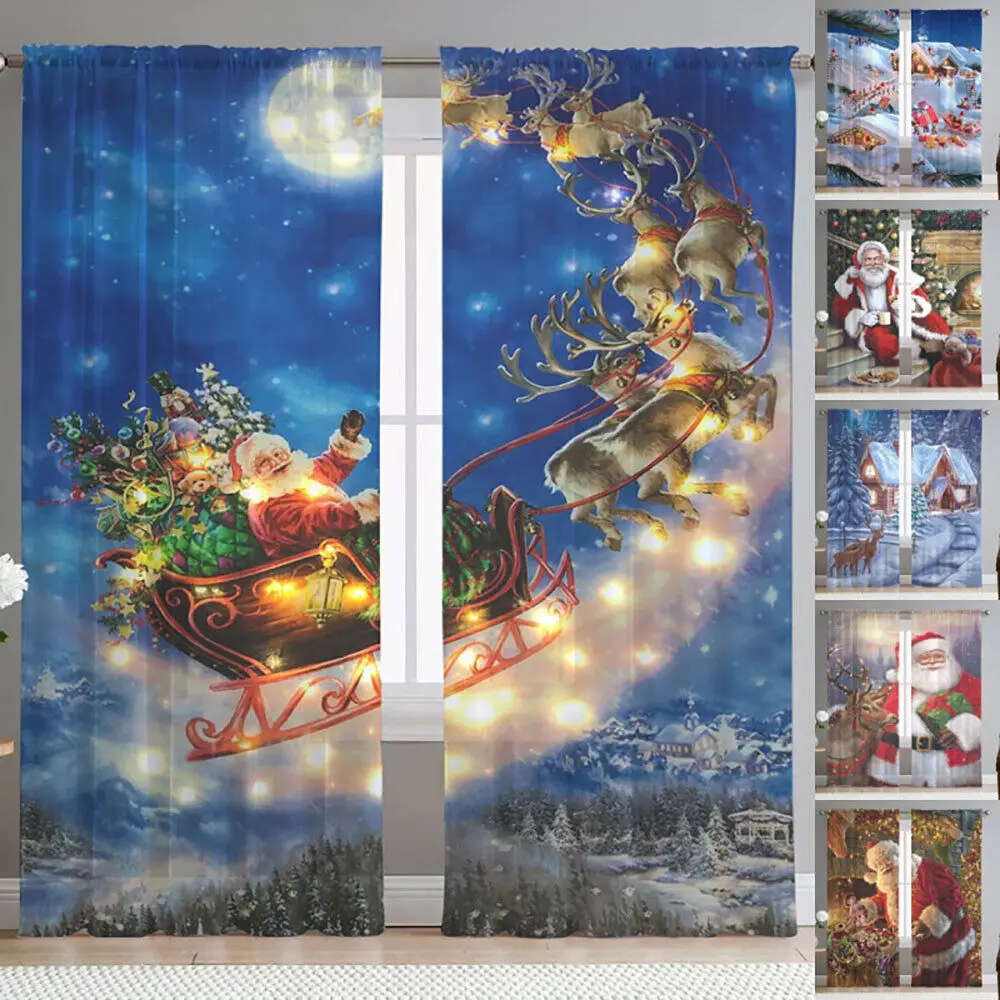 

Занавески на новогоднюю и рождественскую елку, тонкие тканевые шторы в винтажном стиле с Санта-Клаусом и карманом для украшения гостиной, 2024