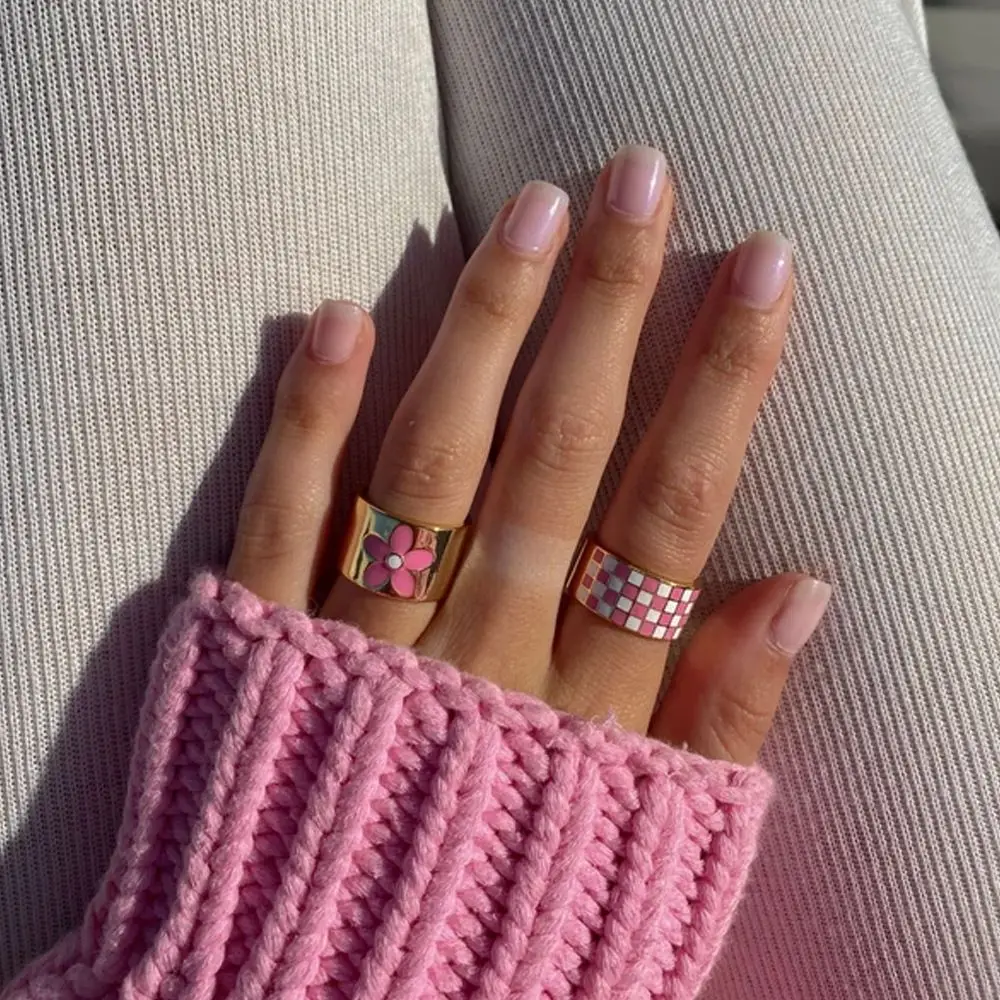 

Cool Trendy Creative Pink Flower Gifts Female Checkerboard Ring Fashion Jewelry Women Finger Ring Korean Style Ring