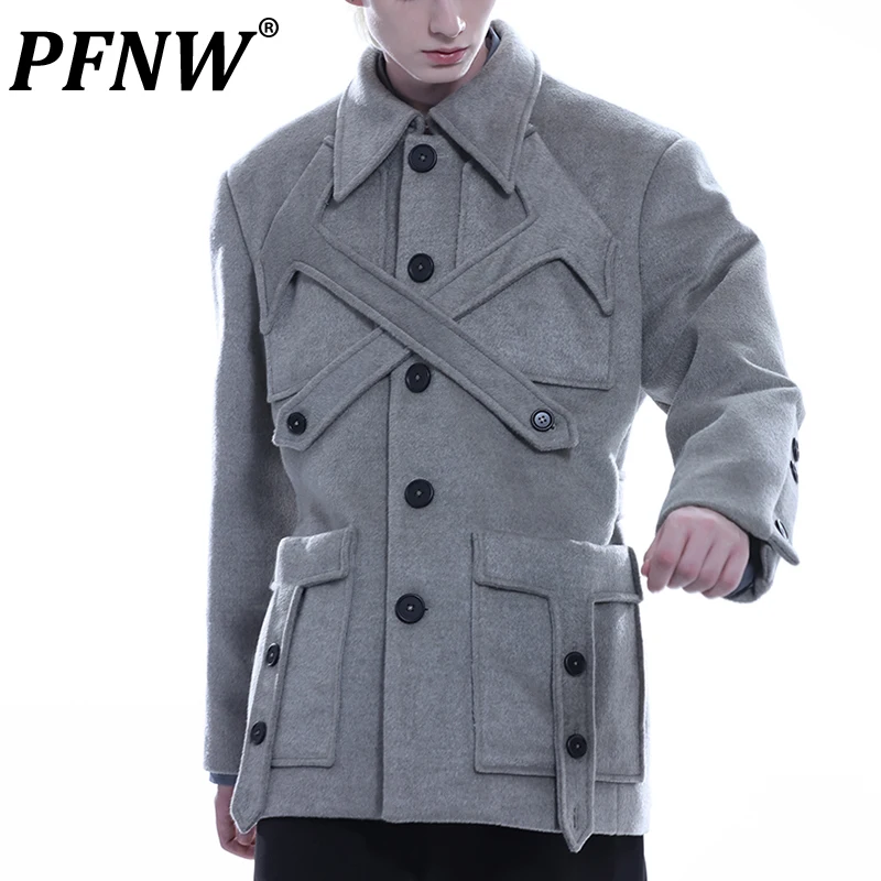 

Мужское пальто с отложным воротником PFNW, утепленное повседневное шерстяное пальто в американском стиле с карманами, модель 12A7178 на осень-зи...