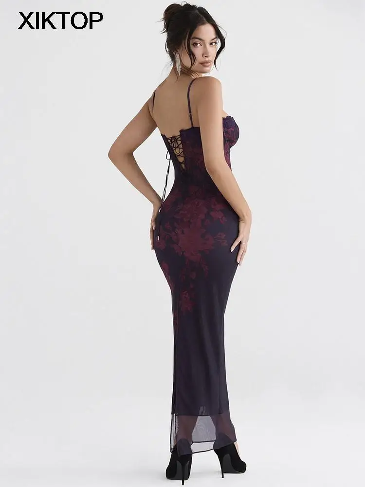 Xiktop Elegant Floral Print Maxi Prom Dress Sexy Mesh Celebrity Evening Party Dresses Bodycon Spaghetti Strap Summer Women Dress