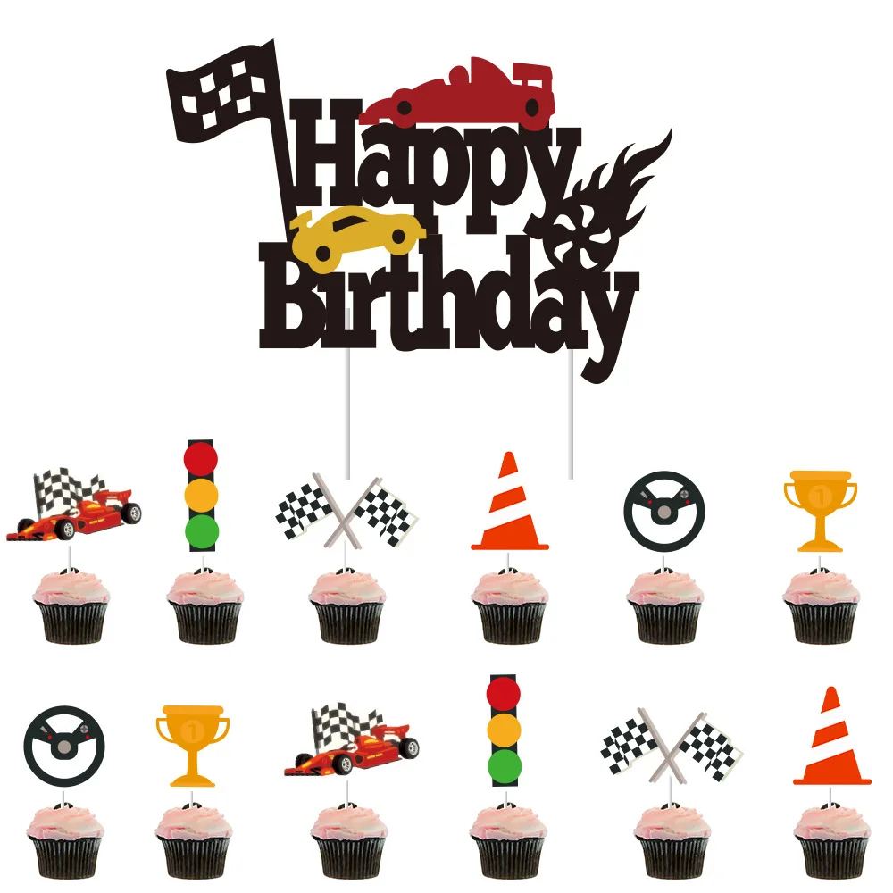 

13pcs Racing Car Theme Cake Toppers Cake Decorations for Boy Birthday Party Two Fast Party Supplies Fast One Race Car Cake Decor