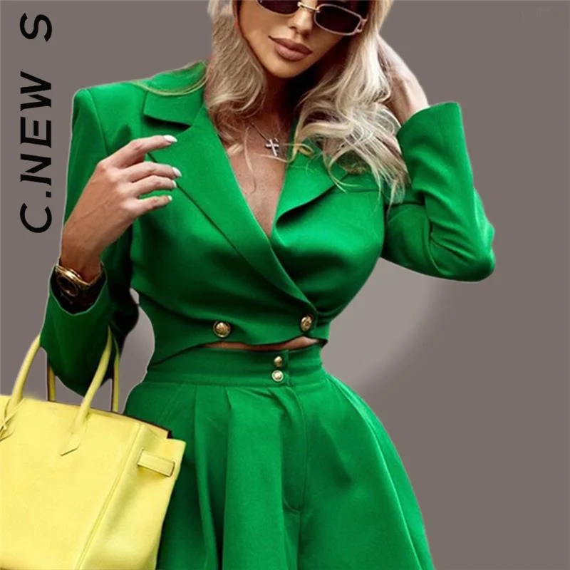 

C.New S 2 piece suits Green Office ladies crop blazer and ruffles Pleated shorts Buttons pocket club party fashion female sets