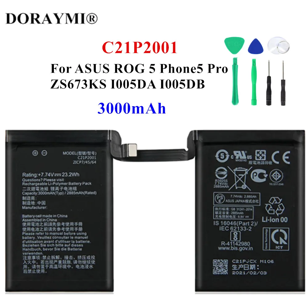 

Original 3000mAh C21P2001 Phone Battery For ASUS RONG5 ROG5 Phone5 Pro ZS673KS I005DA Replacement Batteries+Tools