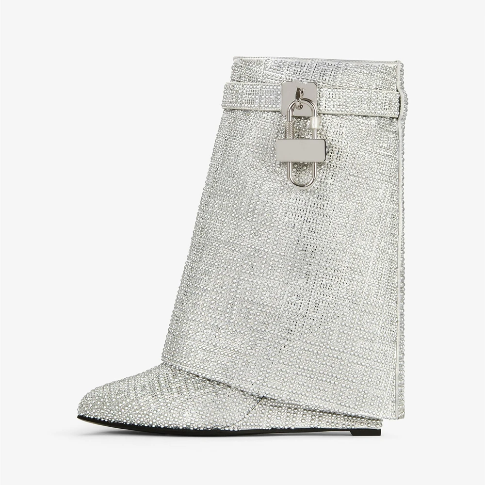 Women Wedge Fold Pointed Toe Boots Shark Lock Zipper Denim Cloth Casual High Heels Metal Decor Fashion Rivet Large Size 43