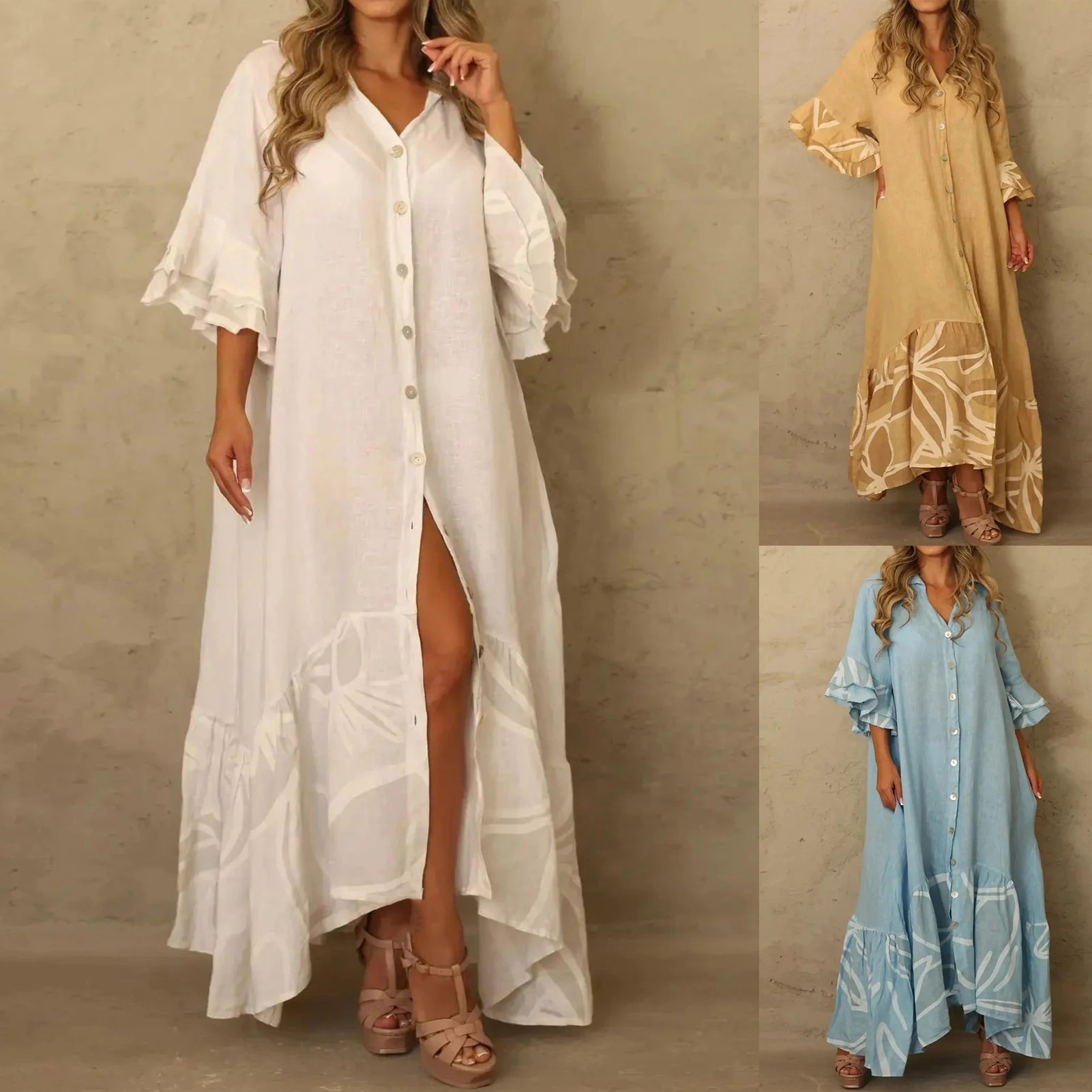 

Женское длинное платье с принтом, модное свободное платье большого размера с рукавом до локтя и оборками, Повседневная летняя одежда в богемном стиле, 2023