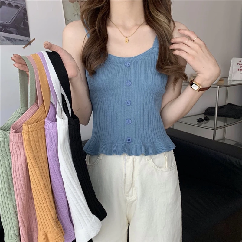 

2022 Women Summer Knitted Camisole Square Collar Sleeveless Fungus Slim Inner Tops Female Button Solid Color Thin Outer Tank