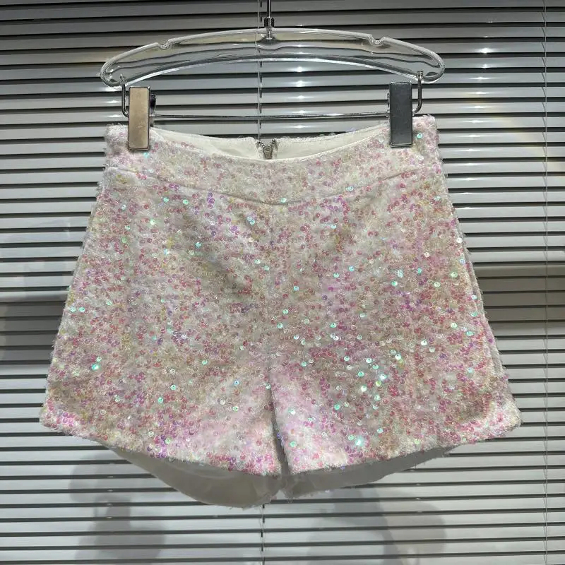 Female Straight Hot Pants 2023 Spring Summer New Women's Full Sequined Shiny Heavy Work Zipper Nightclub Socialite Short Shorts