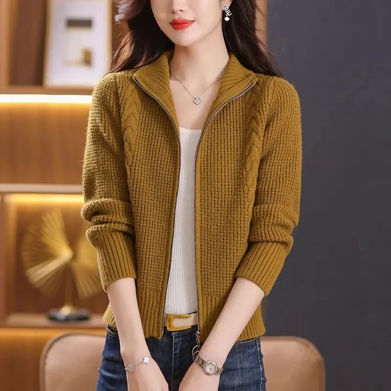 Женский вязаный кардиган на двойной молнии свободный свитер-пальто в Корейском