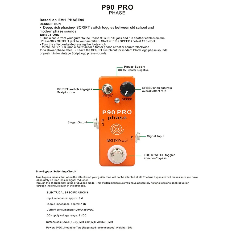

Electric Guitar Effect Pedal P90 PRO Vintage Phase Phaser Full Metal Shell Deep Rich Phasing True-Bypass Switching Circuit