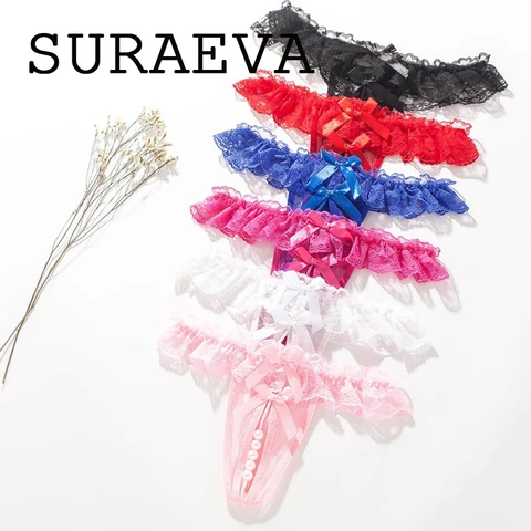 Ladies Lace Underwear Women's Open Crotch Panties Seductive Female Lingerie Pearl Bowknot Girls Thongs Sexy for Woman Intimates