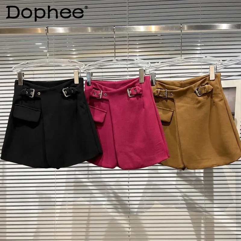 

Женская короткая юбка с металлической пряжкой, однотонная трапециевидная мини-юбка с высокой талией, осень 2022