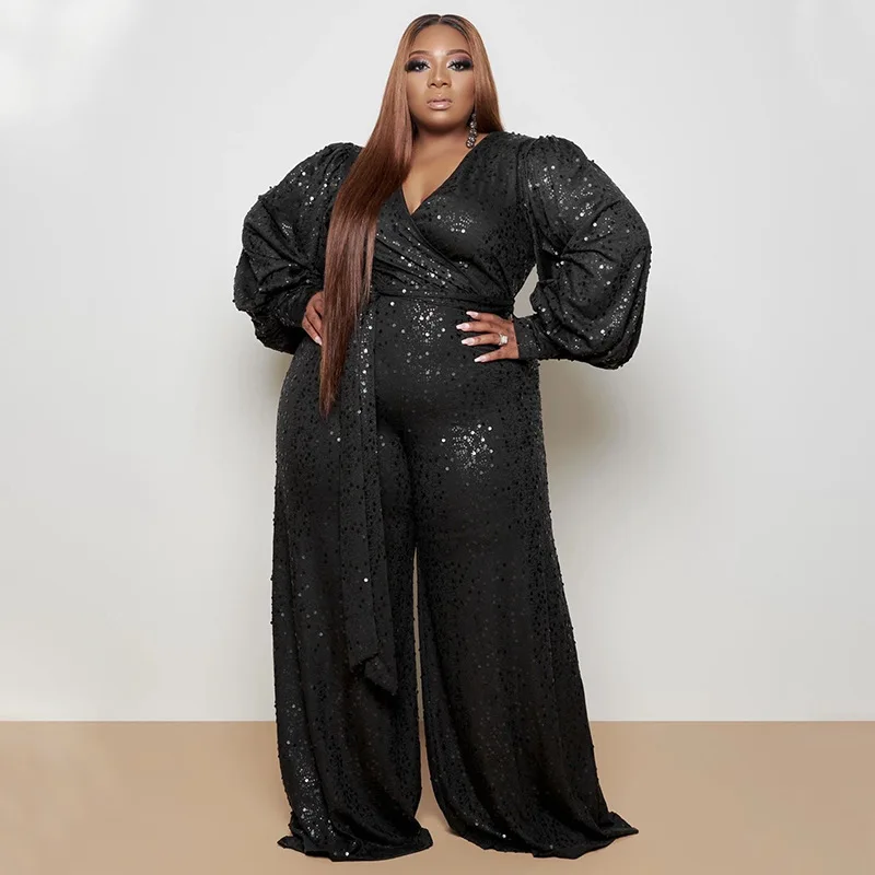 

Elegant Plus Size Women Jumpsuits 4XL Plus Sexy Lady Sequin Shiny Party Jumpsuits for Birthday Wide Leg Pants Female Playsuits