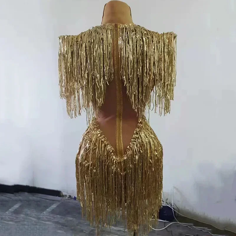 Блестящее золотое платье с бахромой сексуальный костюм кисточками для латинских