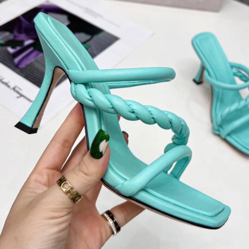 

2022 Summer New One Word Belt Square Toe High-Heeled Sandals Genuine Leather Weave Design Grace All Match Fashion Women's Shoes