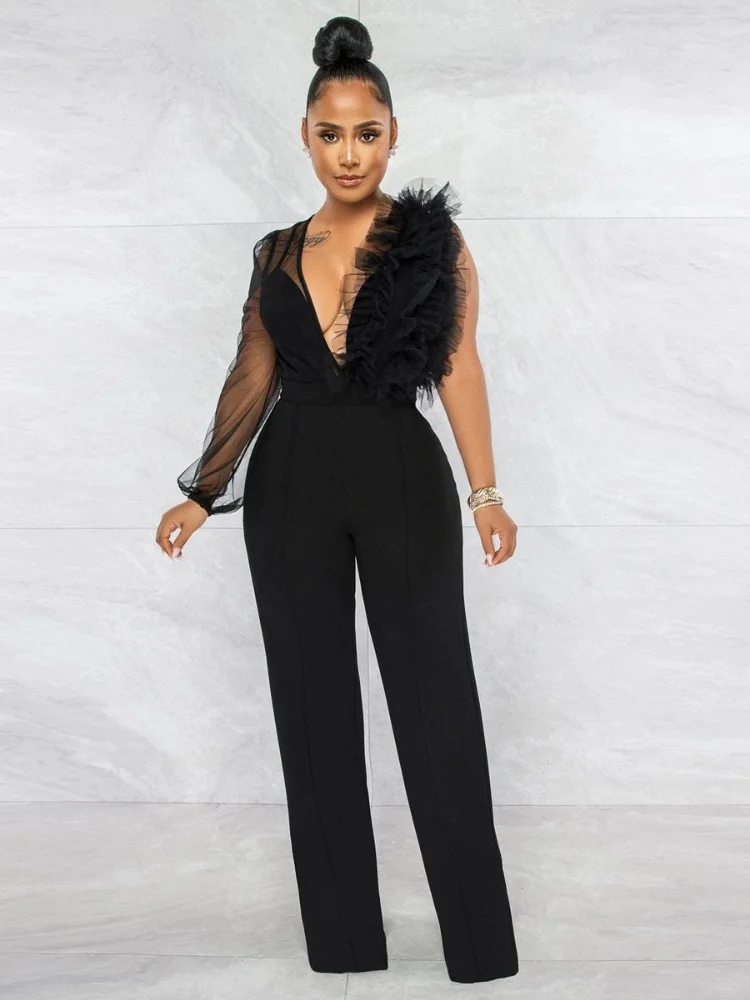 

WUHE Long Sleeve Mesh Ruffles Splicing High Waist Straight Jumpsuits 2022 Autumn Winter One Piece Suit Women Elegant Romper