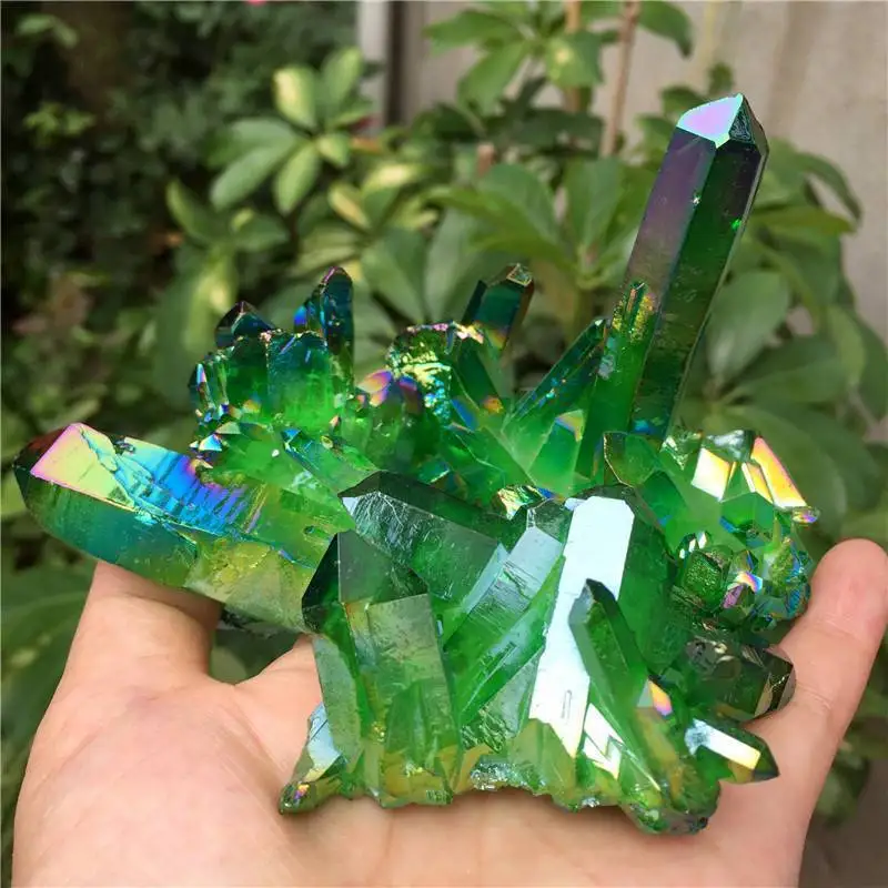 

Natural Aura Green Titanium Gemstone Quartz Crystal Cluster