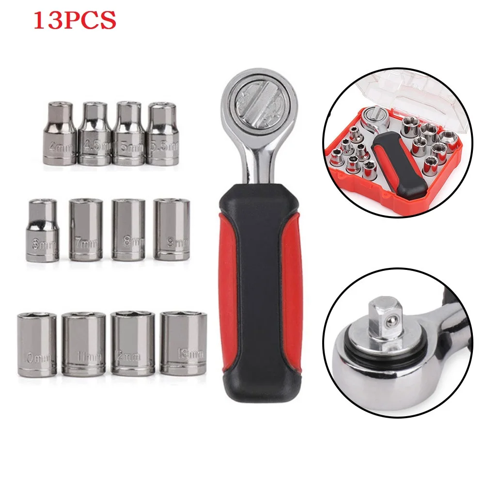 

Набор торцевых головок 13 шт. Трещоточный ключ 1/4 ручной инструмент для ремонта автомобиля 4-13 мм Головка гаечного ключа