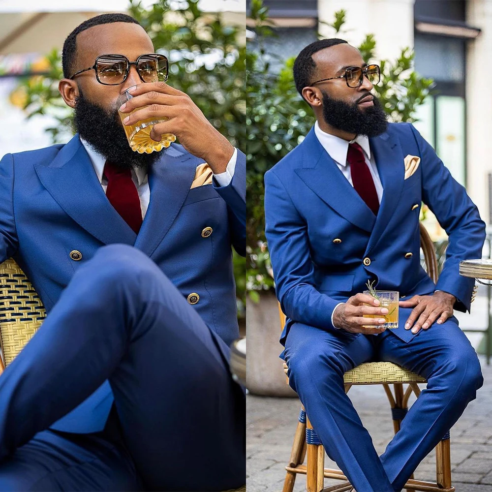 Blue Men Suit 2 Pieces Gentle Business Blazer Tuxedo Pants Double Breasted Wedding Groom Formal Pinstripe Party Causal Tailored