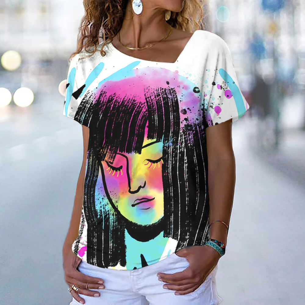 

Luxury Abstract Style Women'S T-Shirt 3d Art Face Tops Fashion Personality Slant V-Neck Streetwear Summer Female Oversized Tees